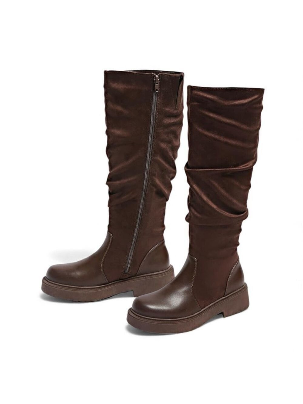 Brown Faux Suede Knee High Slouch Boots Side Zip